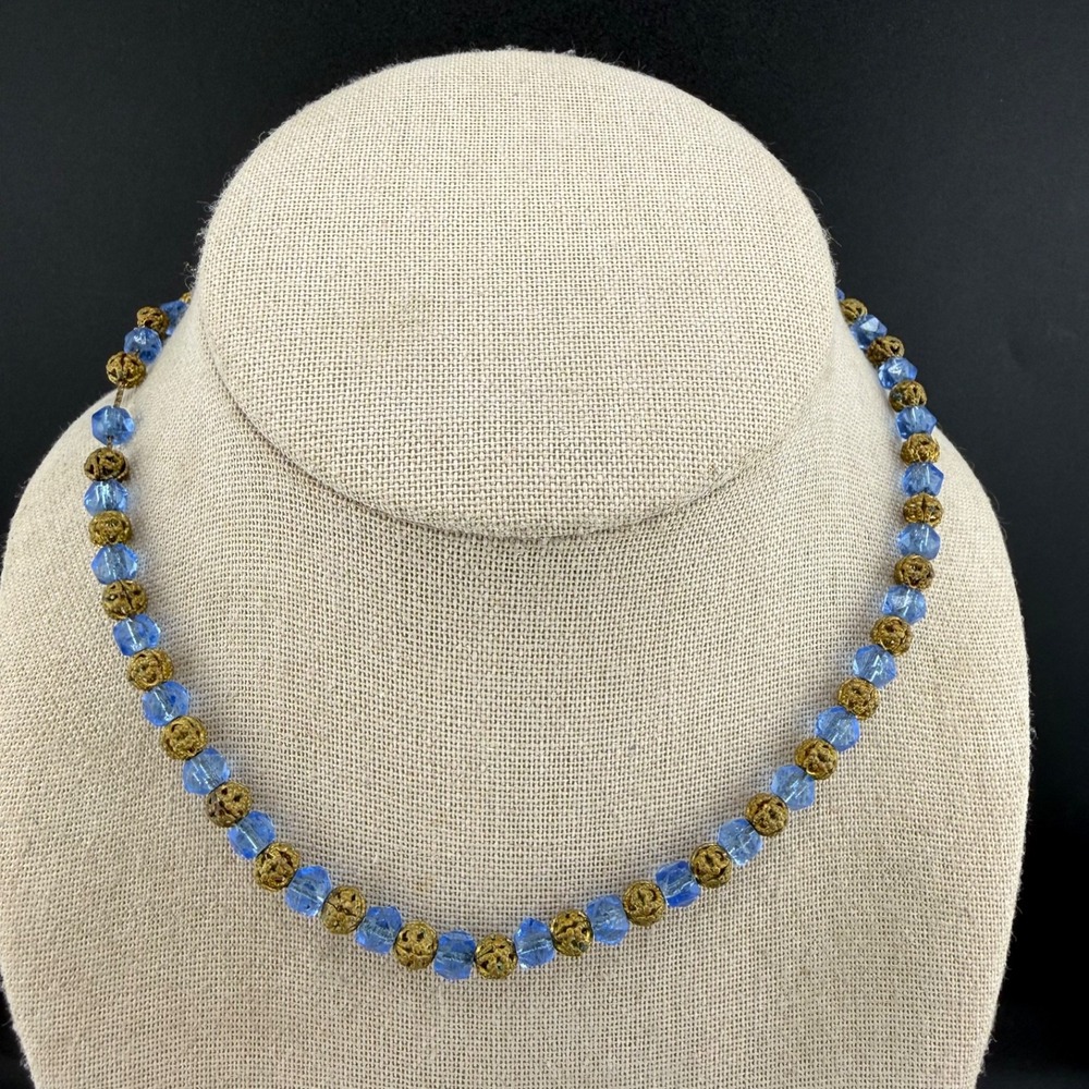 Vintage Estate Beaded Necklace Blue Faceted Glass Filigree Deco 16in